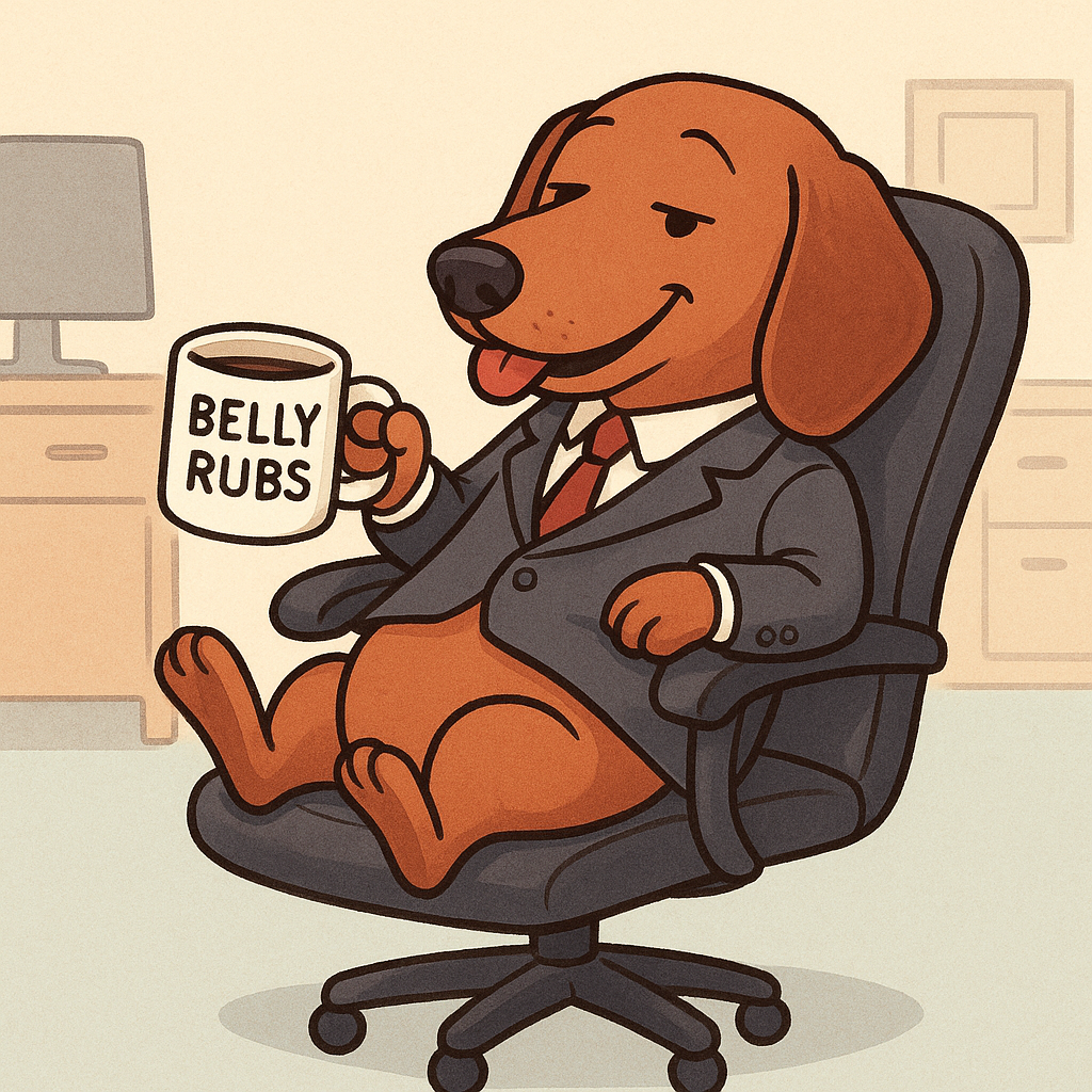 A dachshund in a tiny suit holding a mug labeled Belly Rubs, reclining in an office chair