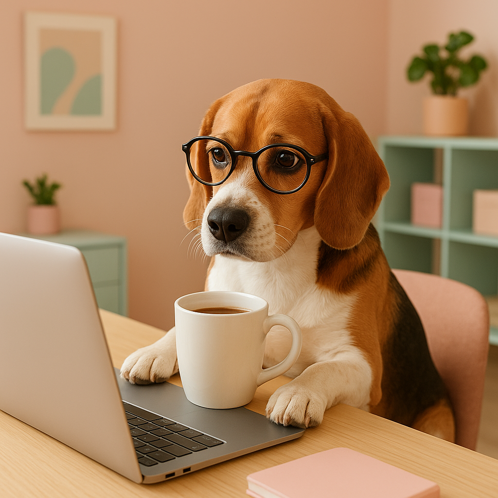 Dog wearing glasses sipping coffee at a desk, looking puzzled at a laptop