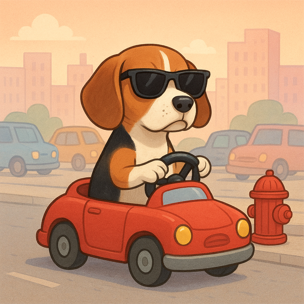 A beagle with sunglasses driving a toy car, looking determined in morning traffic