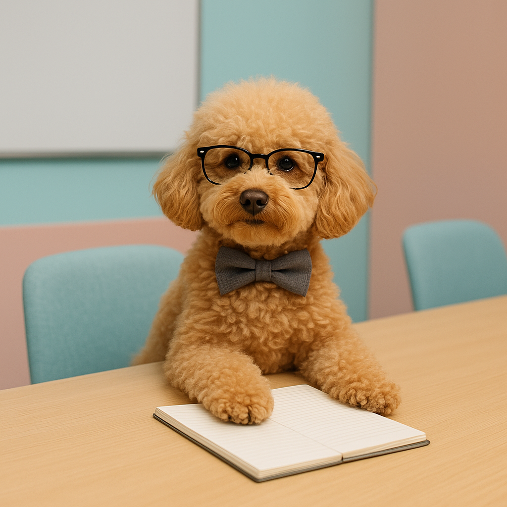 A fluffy poodle wearing a bow tie and glasses, sitting at a boardroom table with a notepad