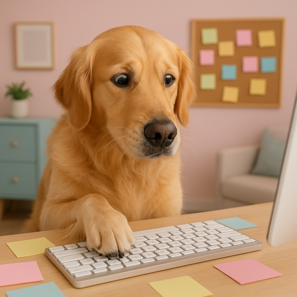 A golden retriever tapping a computer keyboard with its nose, surrounded by sticky notes