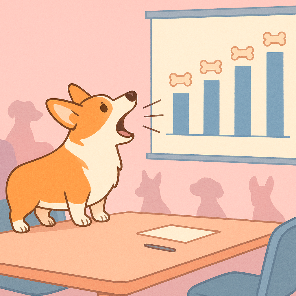 A corgi standing on a chair in a conference room, barking at a slideshow of dog bones