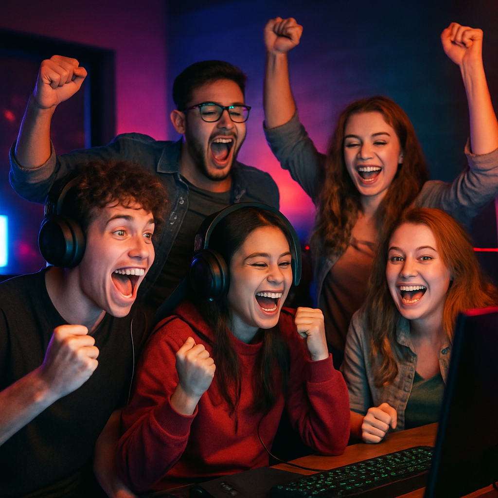 Friends celebrating gaming win at night