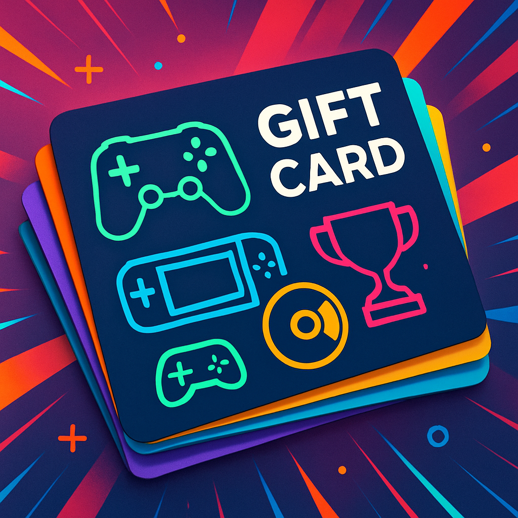 Stack of digital gift cards with gaming icons