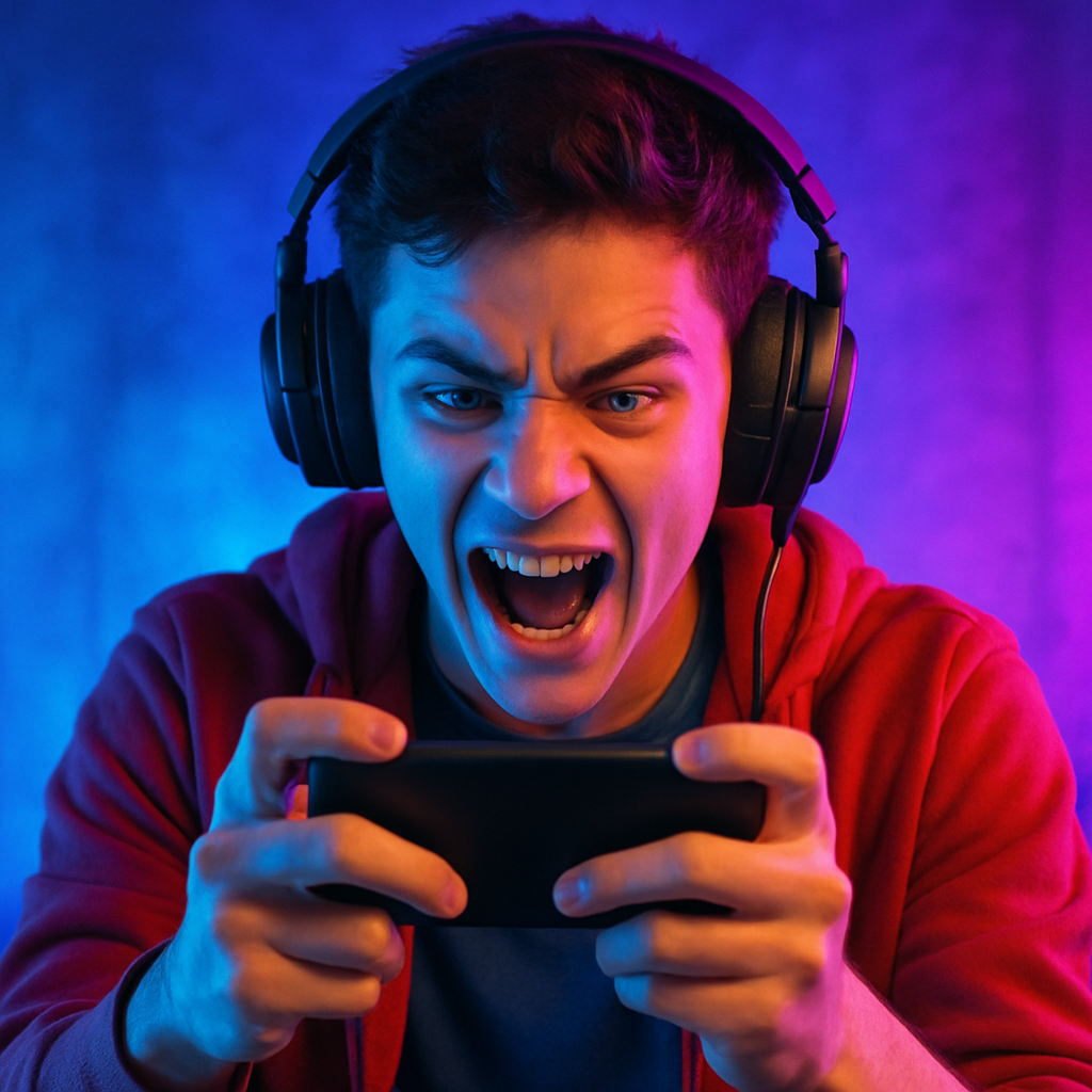 Mobile gamer playing with excitement