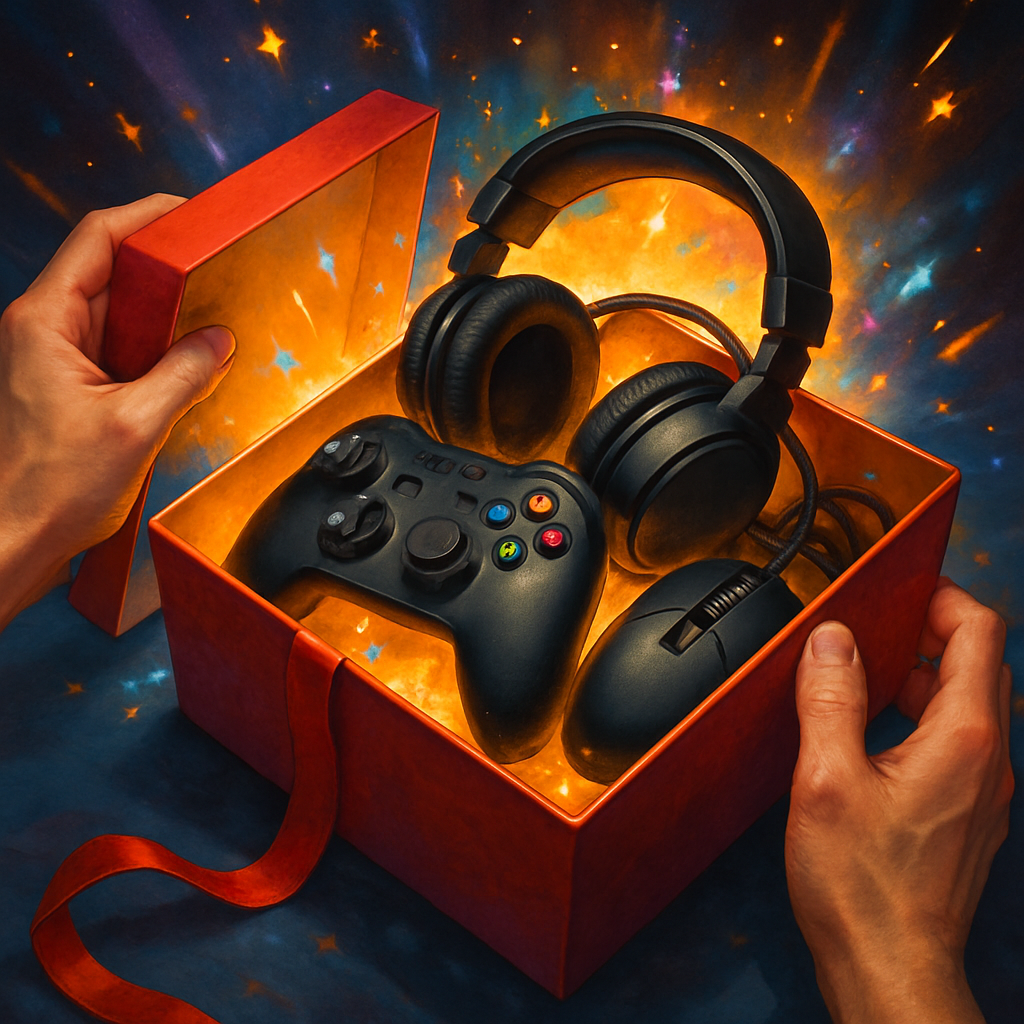 Close-up of hands opening a gaming gift box