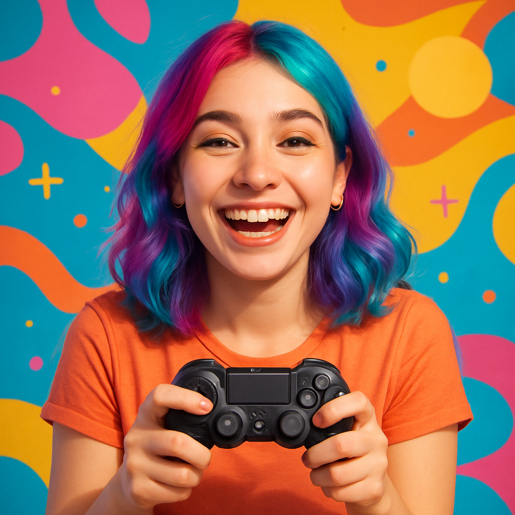 Smiling young woman with colored hair holding a game controller