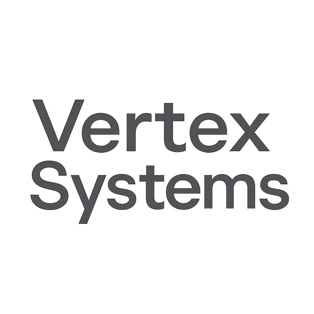 Vertex Systems sans-serif logotype in cool gray