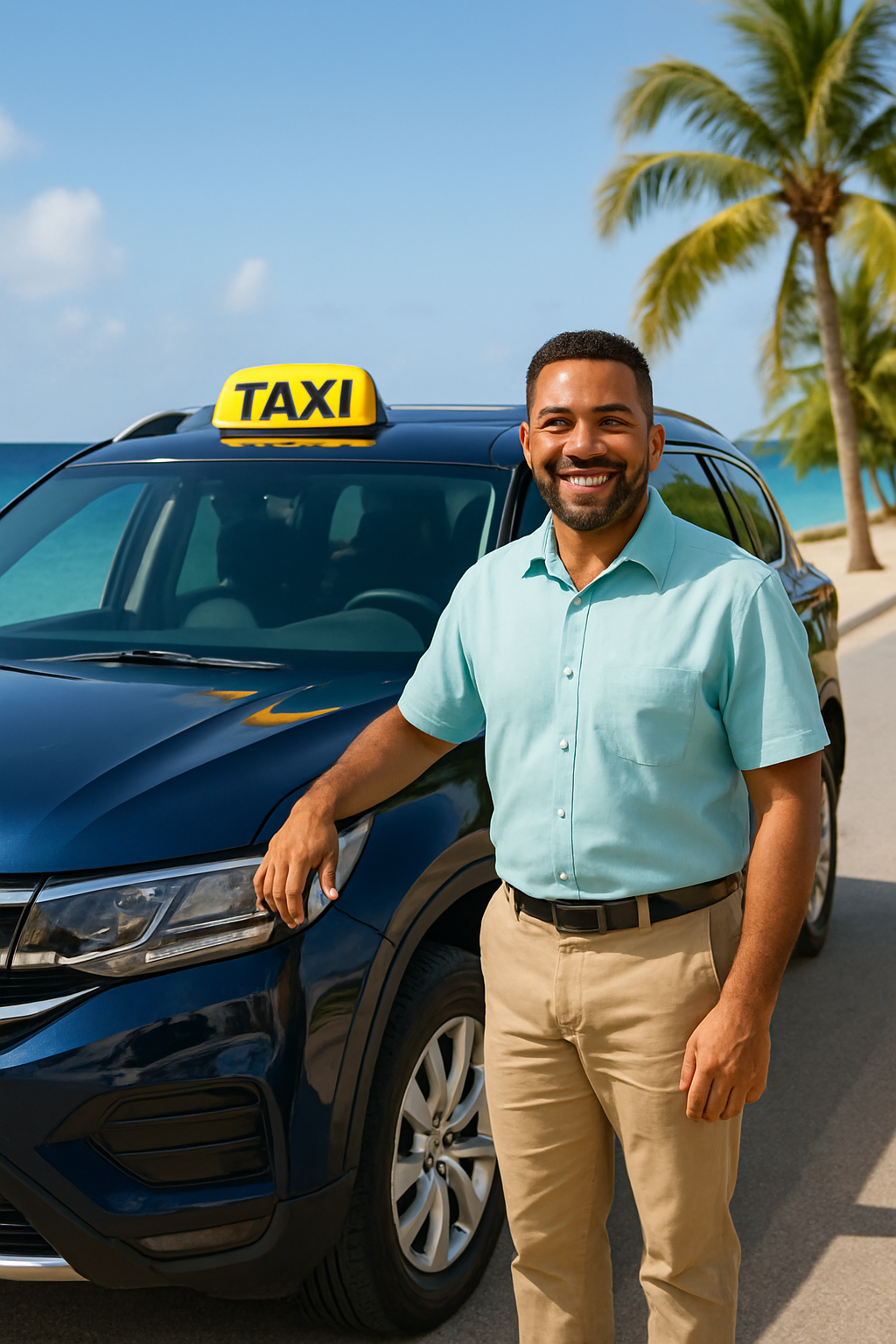 Friendly local Curaçao taxi driver standing beside a clean spacious vehicle near a coastal road