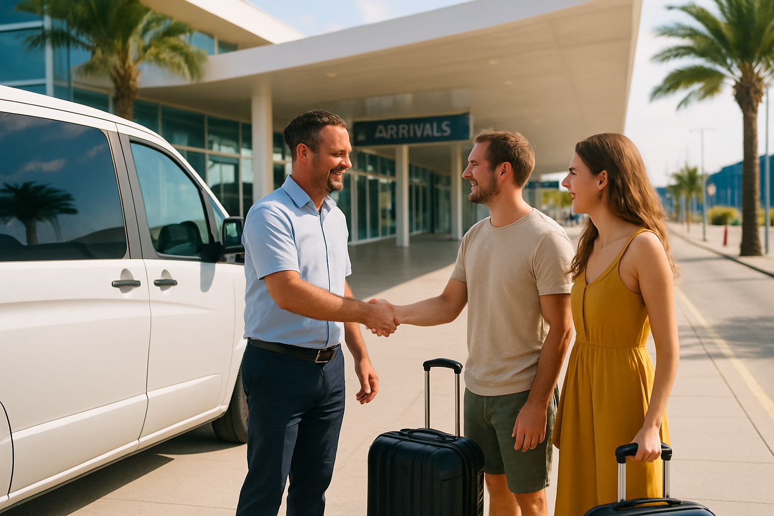 Friendly local driver welcoming arriving travelers at Curaçao airport pickup area with luggage