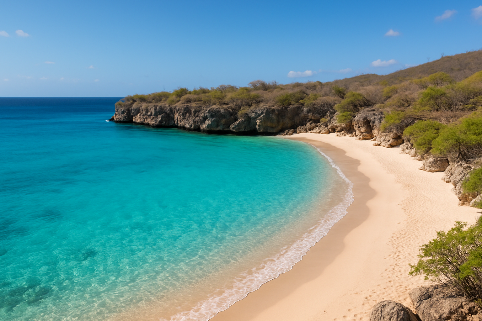 Scenic Curacao coastal viewpoint with turquoise water, rocky shore, and a peaceful beach stop