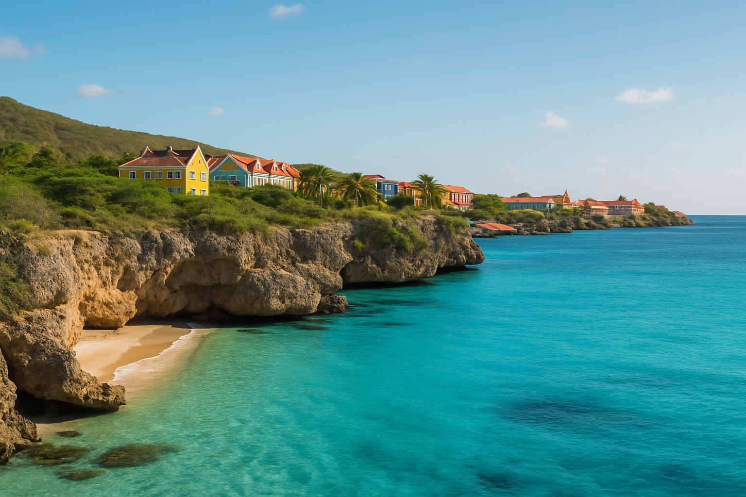 Panoramic view of Curaçao coastline with turquoise water, rocky cliffs, and colorful architecture under bright tropical light