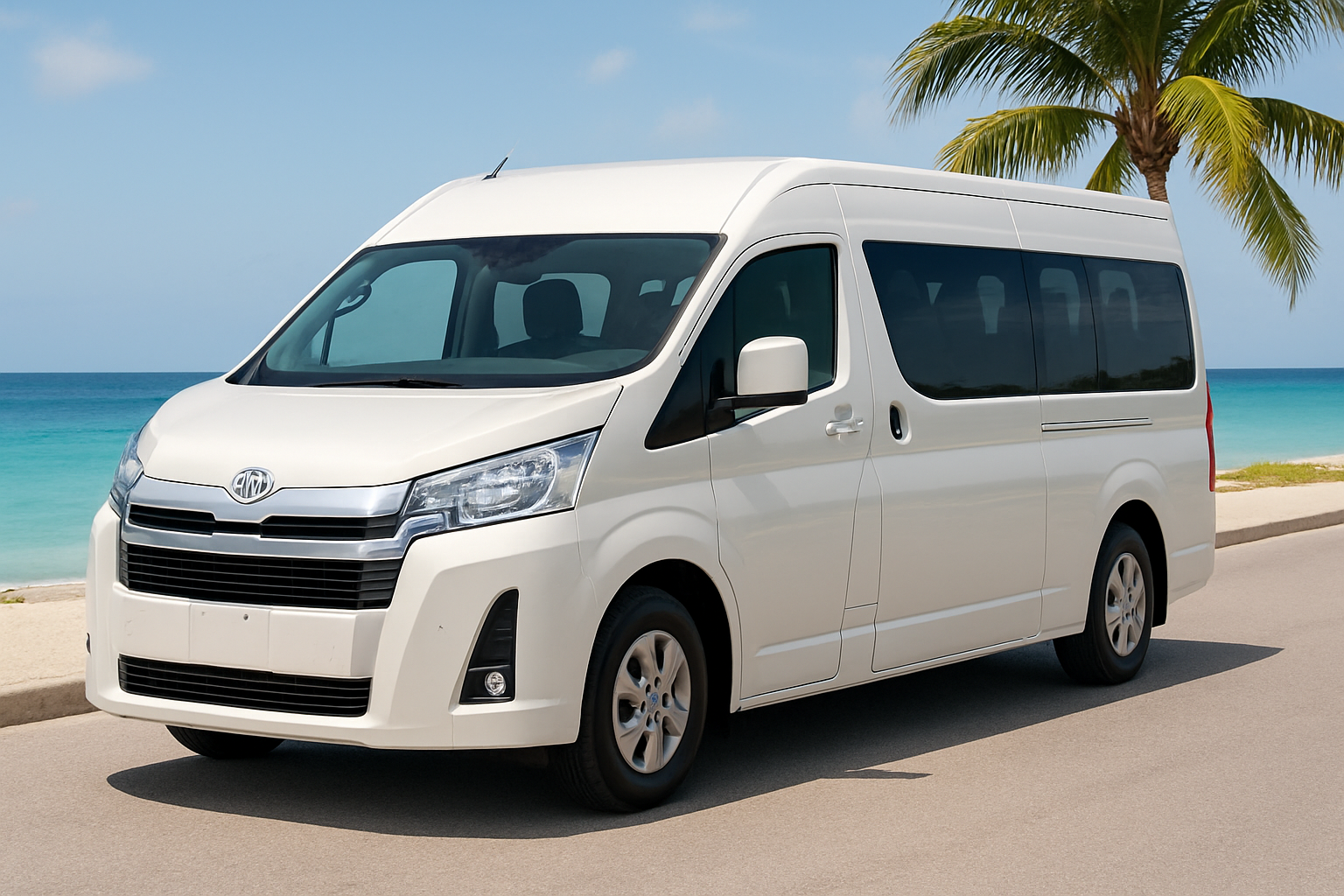 Toyota Hiace 2026 9-seater parked near Curaçao coastline, showing spacious side profile for private group transfers