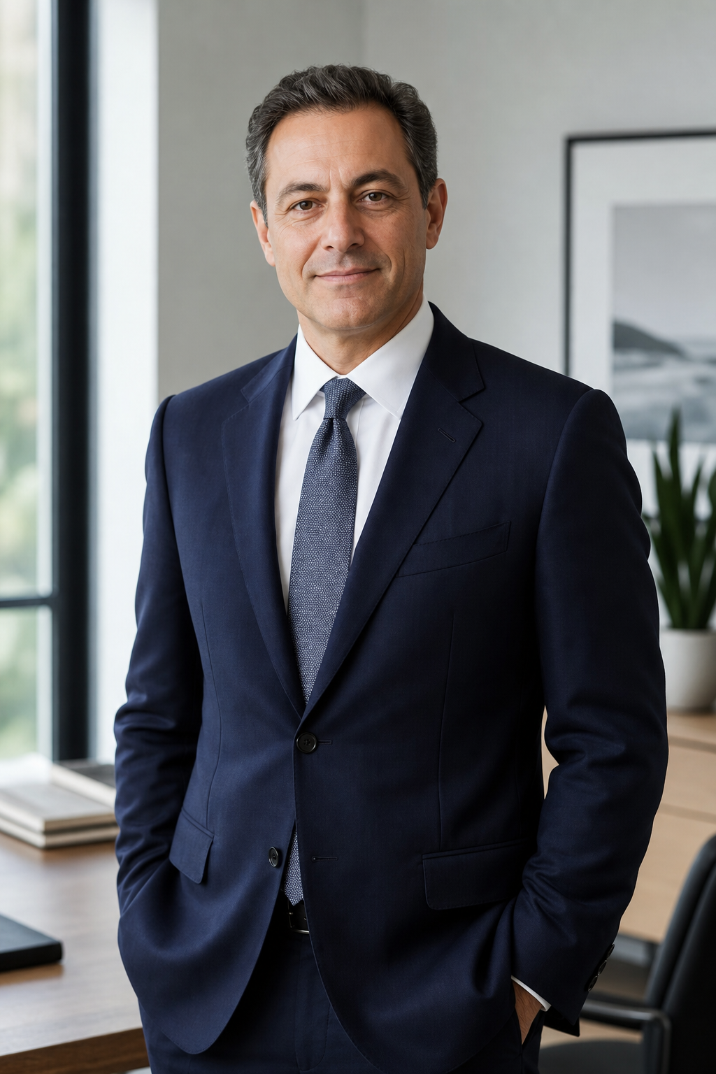 Professional portrait of a composed financial advisor in business attire, photographed in soft natural office light with a neutral background