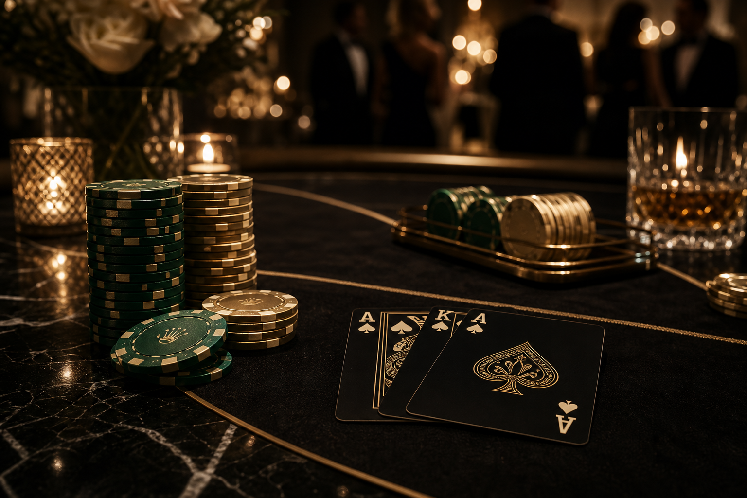 Cinematic luxury poker tabletop with cards, chips, candlelight, and marble-linen textures