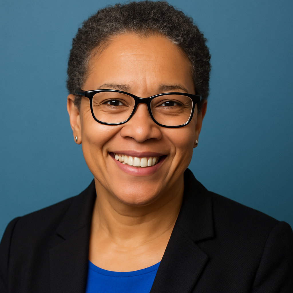 Judith Black smiling, middle-aged woman with glasses