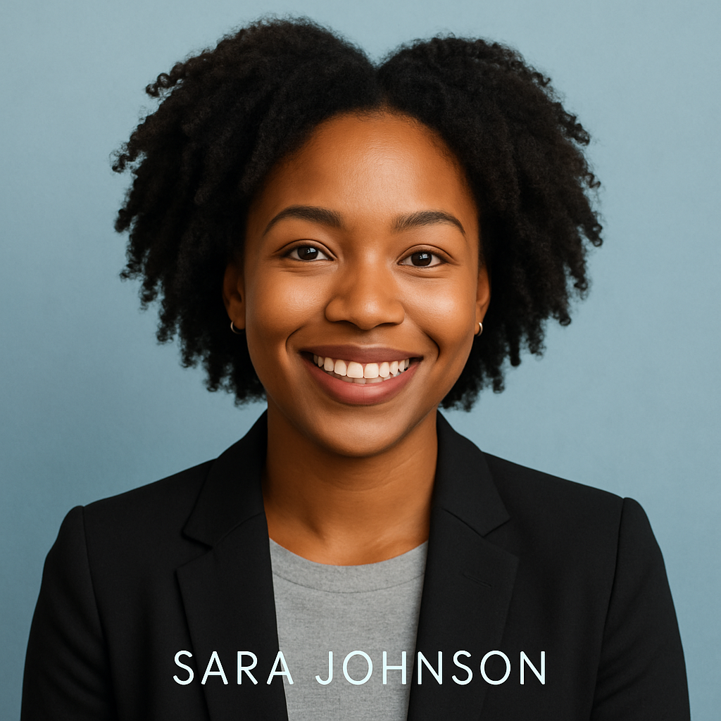 Sara Johnson, young Black woman, smiling confidently
