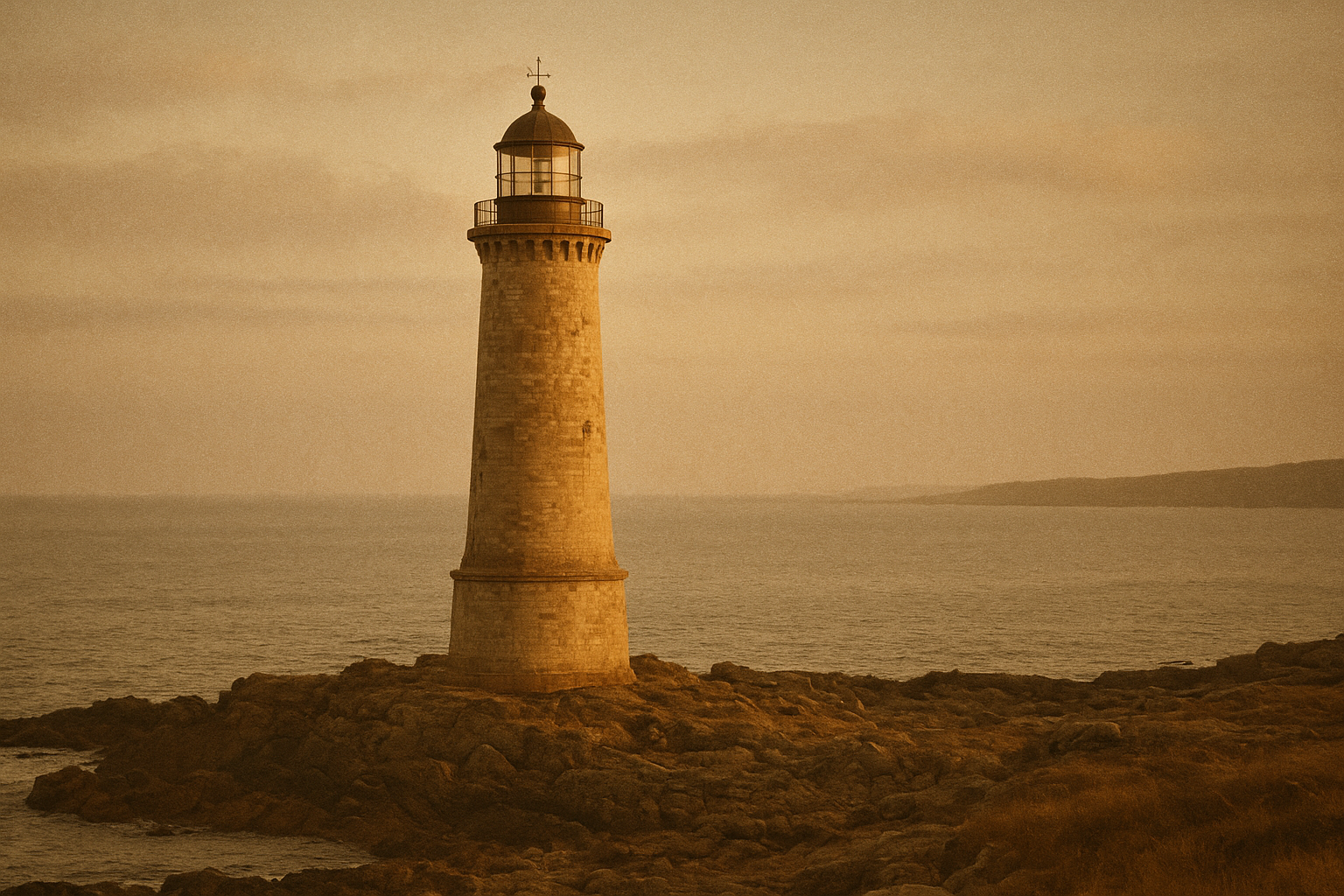 Warm low-sun film-style photograph of a weathered lighthouse on the northern coast with sea and shoreline in view