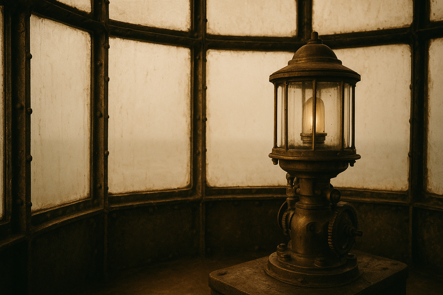 Warm archival-style close view of a coastal lighthouse lantern room with brass fittings and weathered glass