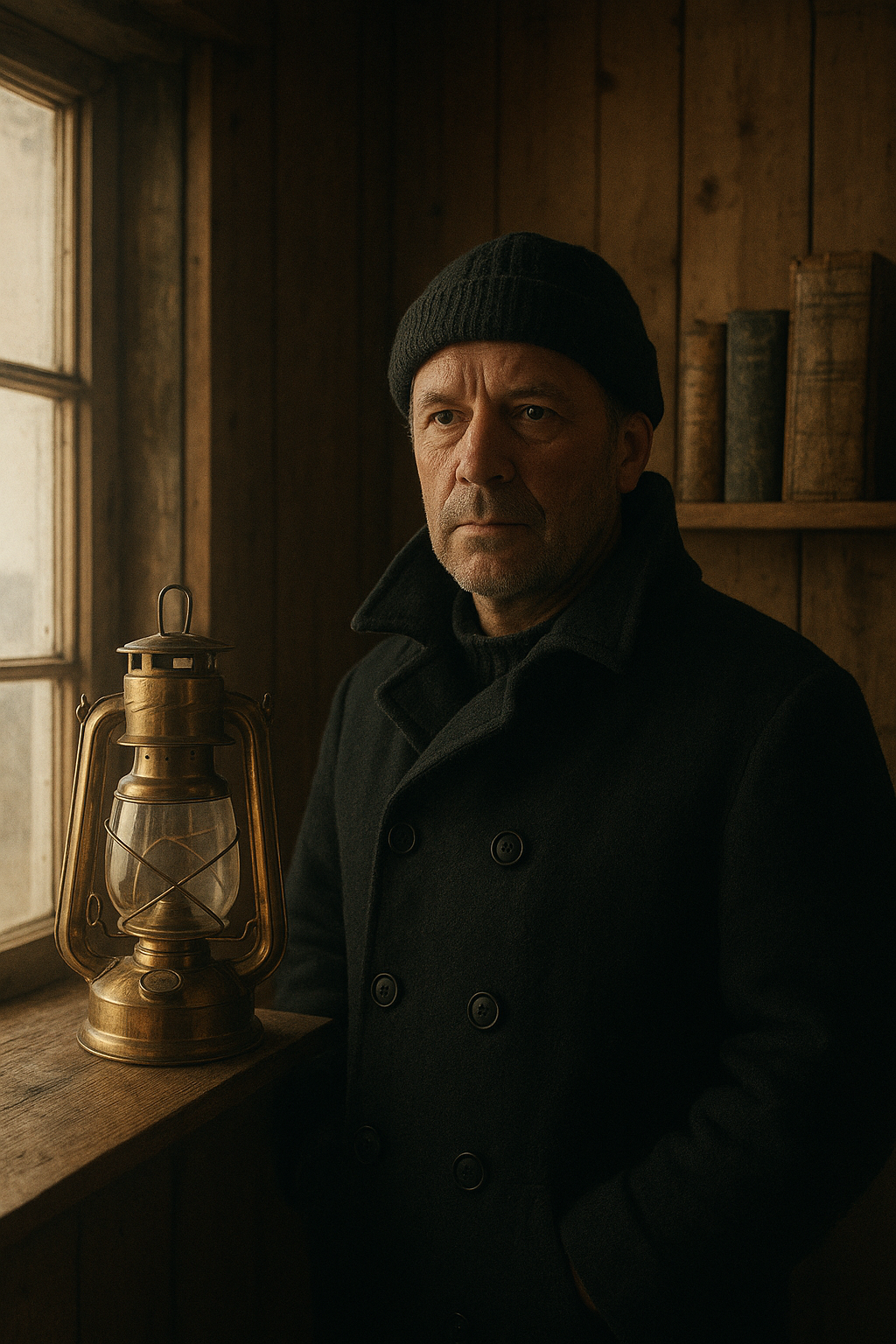 Archival-style portrait of a middle-aged lighthouse keeper in a wool coat beside a brass oil lantern inside a weathered station room