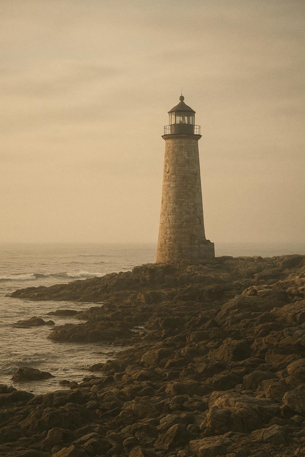Warm archival photograph of a northern coastal lighthouse on a rocky shoreline under soft evening haze, with subtle film grain texture