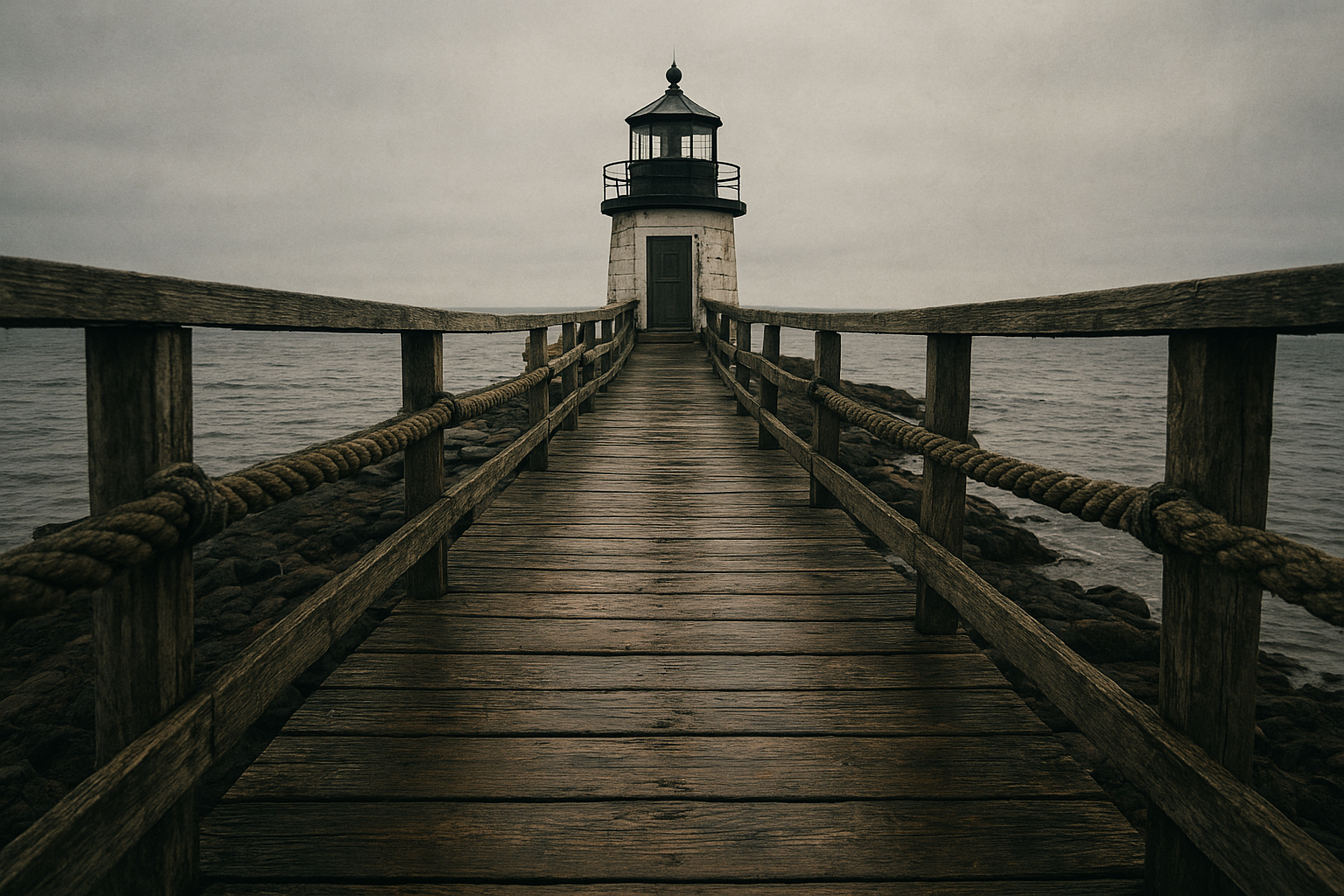 Weathered wooden station walkway with salt-worn railings leading toward a lighthouse outbuilding under a gray coastal sky
