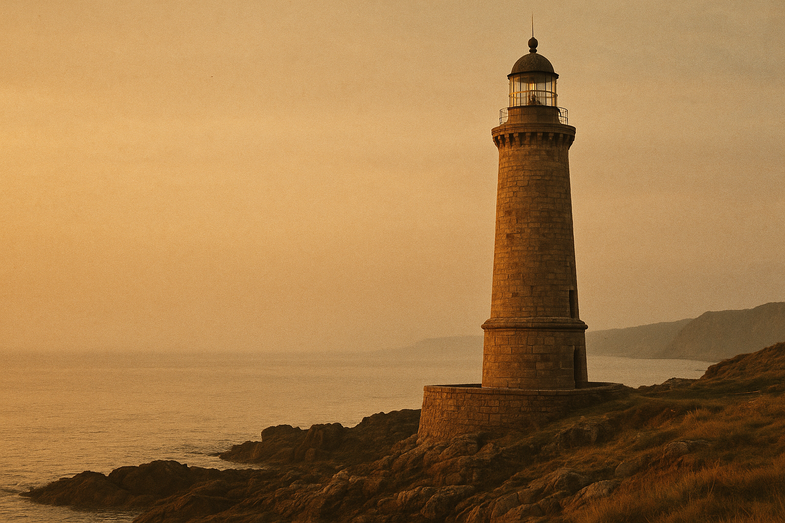 Warm film-like coastal lighthouse scene with sea haze, weathered stone tower, and evening light over the northern shoreline