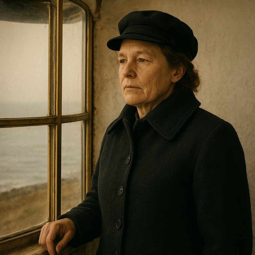 Middle-aged woman lighthouse keeper in a dark wool coat, standing beside a brass lantern room window with soft overcast coastal light