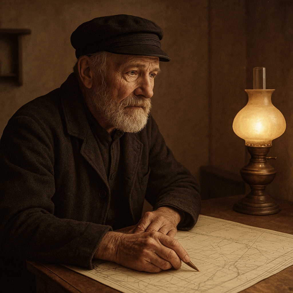 Older male lighthouse keeper with a weathered face and gray beard, seated at a wooden desk with navigation charts and warm lamp glow