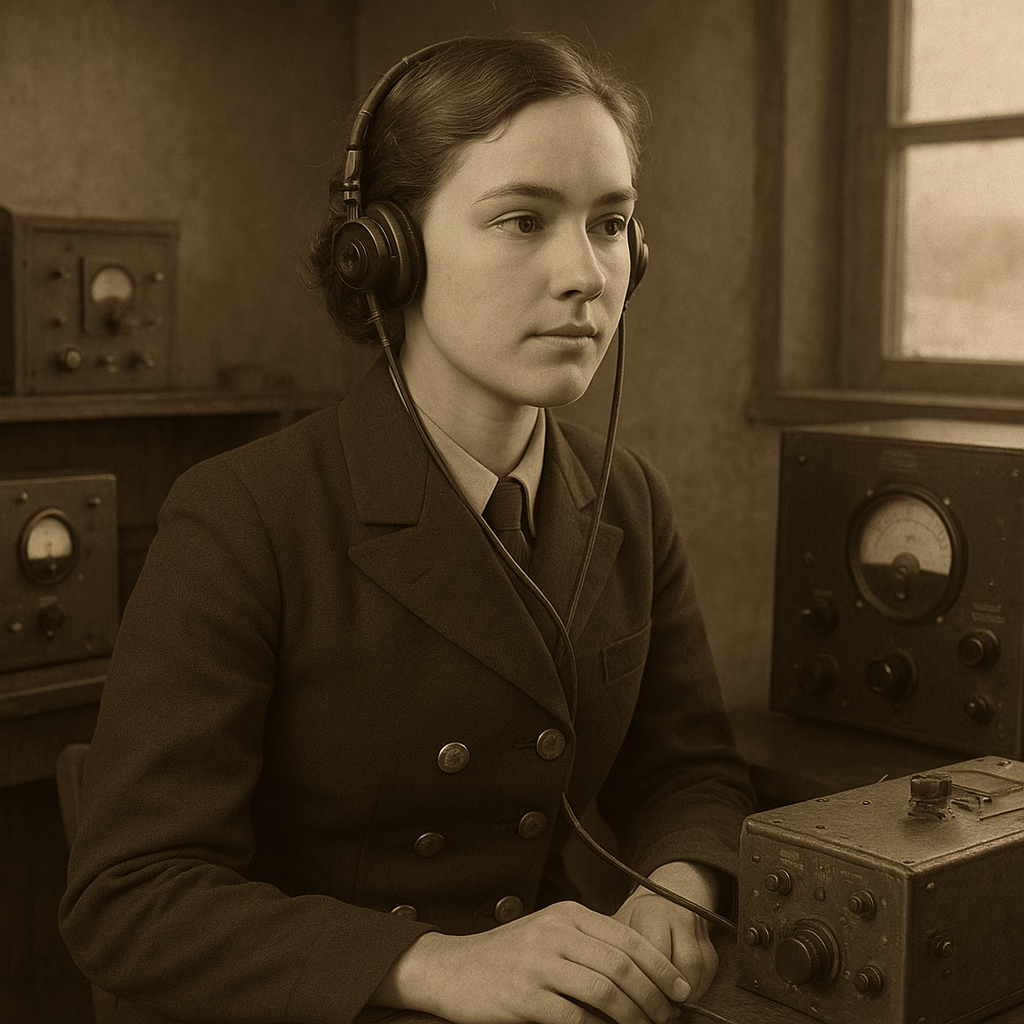 Young woman radio operator in 1930s uniform jacket, wearing headphones in a compact lighthouse communications room