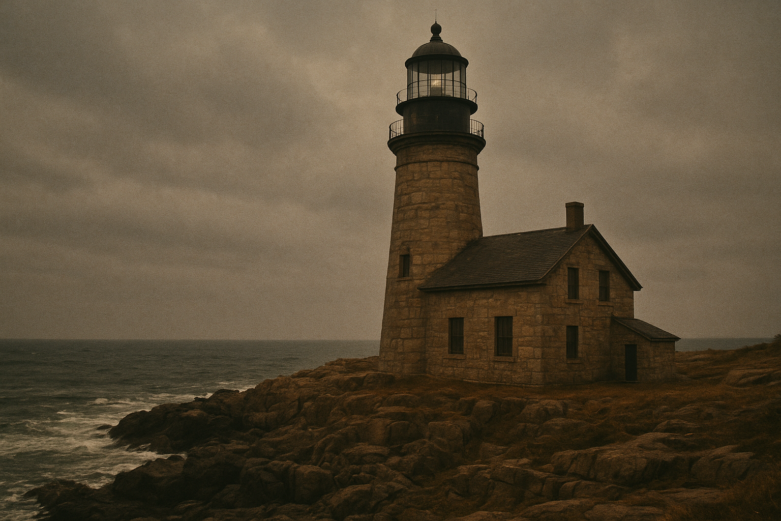 Weathered stone lighthouse station beside a windy northern shoreline at dusk