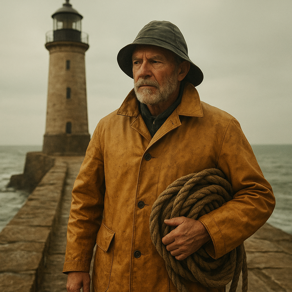 Tall lighthouse keeper in a heavy oilskin coat carrying coiled rope on a windy stone walkway near the tower base