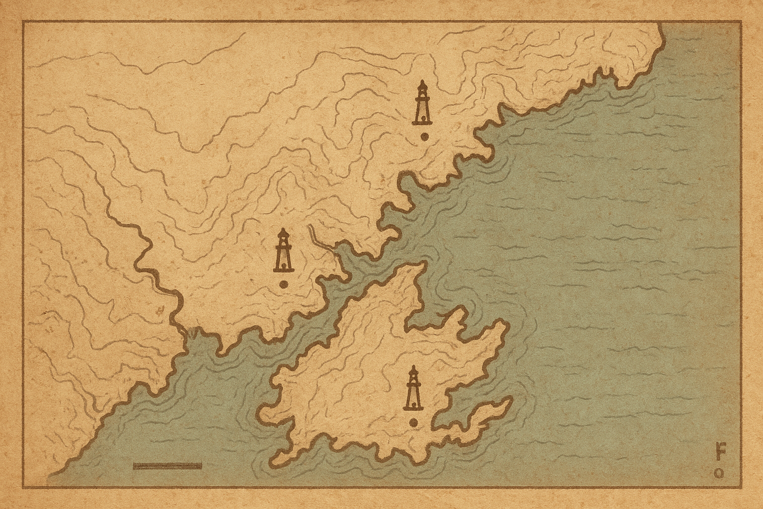 Stylized archival coastal map with shoreline contours, four lighthouse markers, and warm paper texture