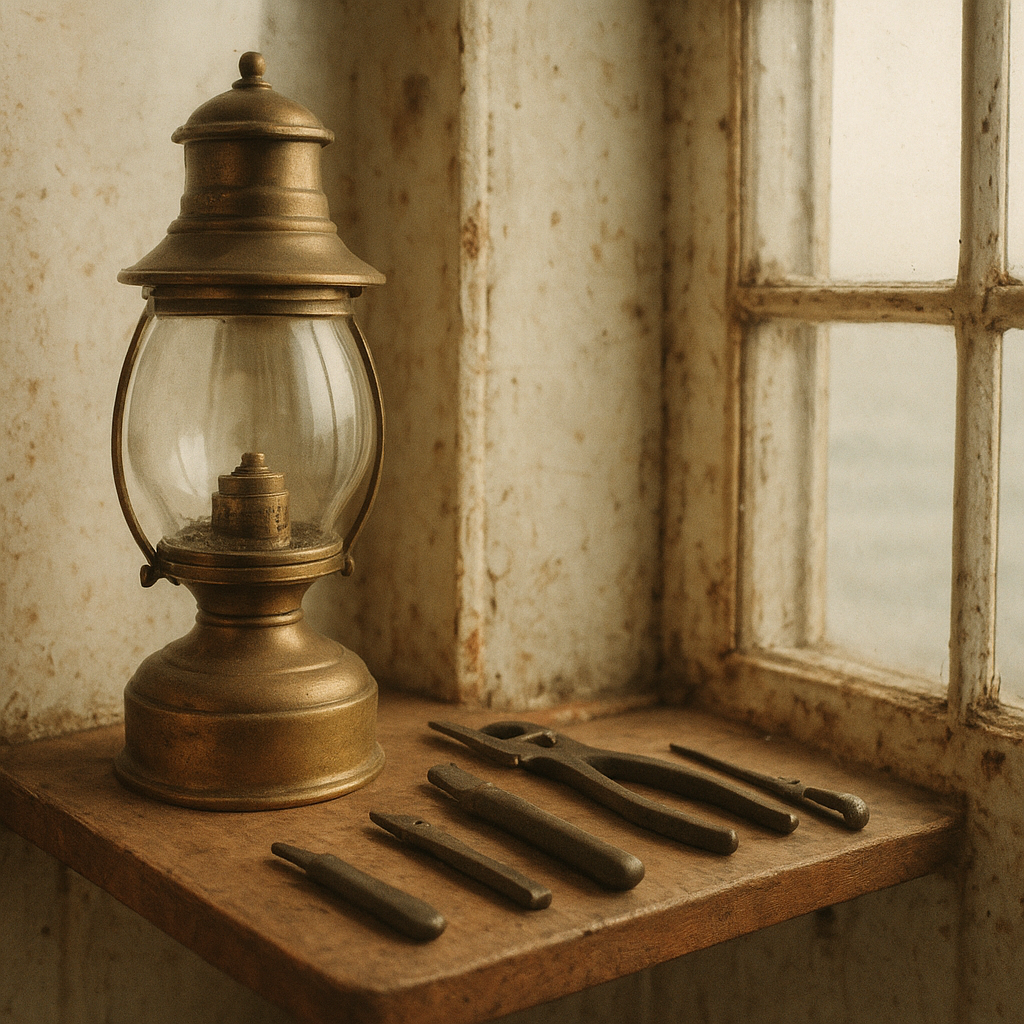 Archival-feel interior detail of a lantern room with brass fittings and hand tools
