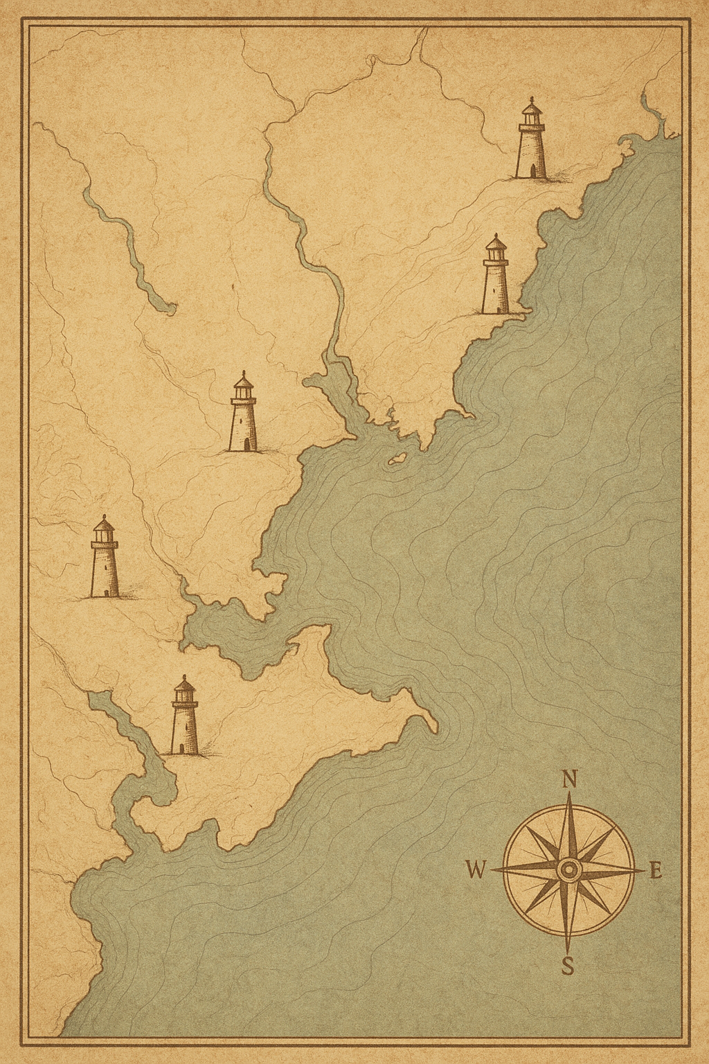 Archival-style illustrated northern coast map panel with shoreline contours, six tower markers, and warm paper grain texture