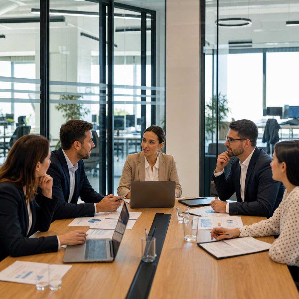 Professional corporate office meeting with modern workspace and discussion