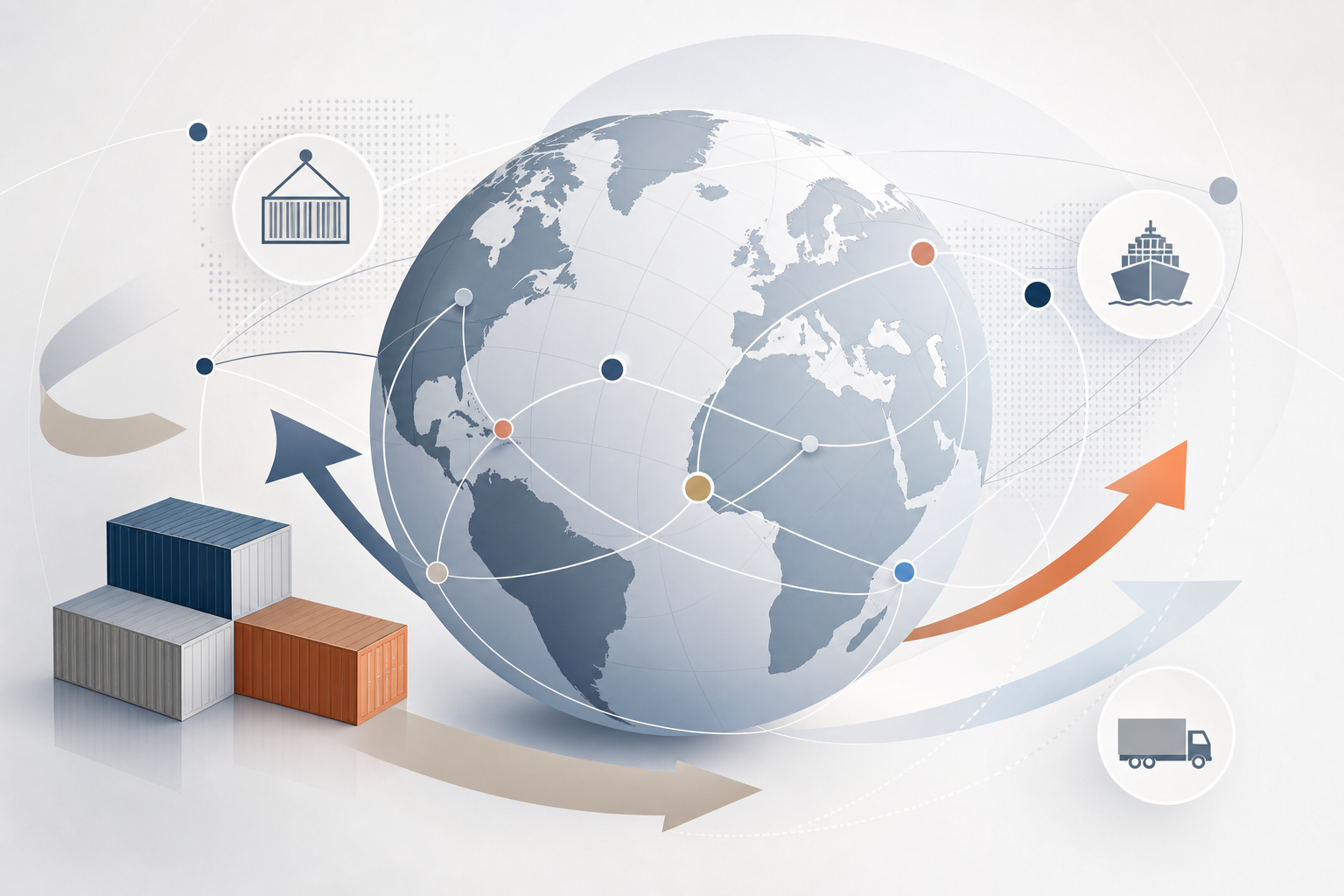 Minimalist corporate illustration of a connected globe with trade routes, abstract network nodes, and subtle logistic icons