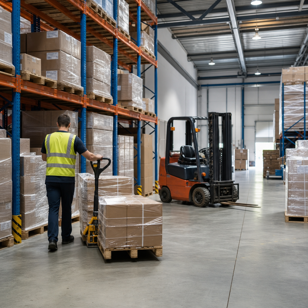 Organized warehouse logistics environment with pallet racks and handling equipment