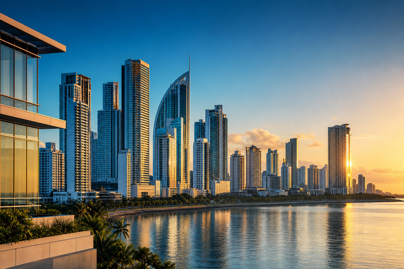 Professional legal-services banner showing a modern Panama City skyline with discreet corporate law visuals