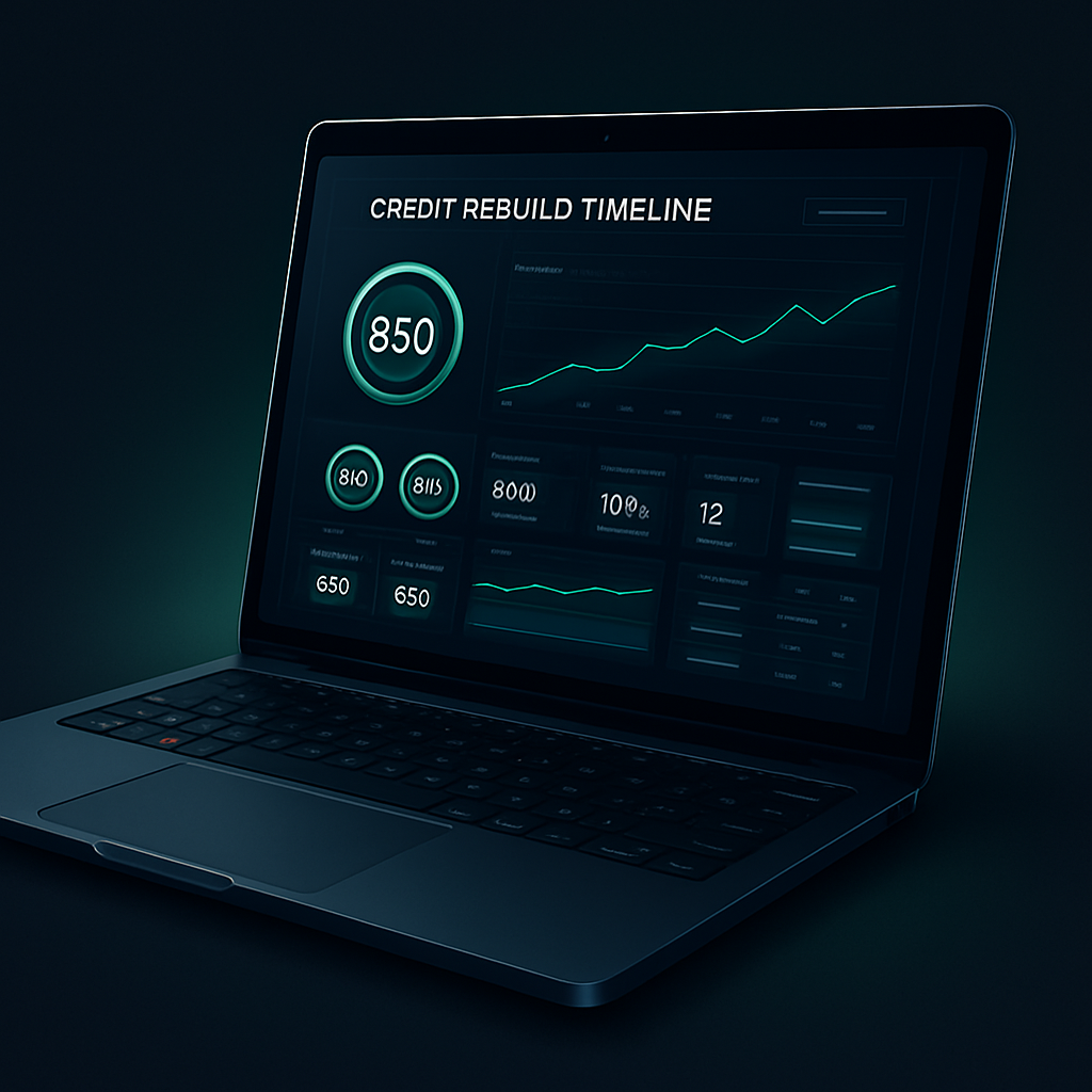 Dark indigo dashboard showing credit rebuild milestones and AI income workflow steps with progress indicators and email prompts