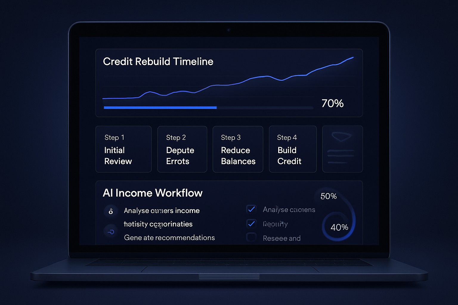 Dark indigo dashboard showing credit rebuild milestones and AI income workflow steps with progress indicators and email prompts