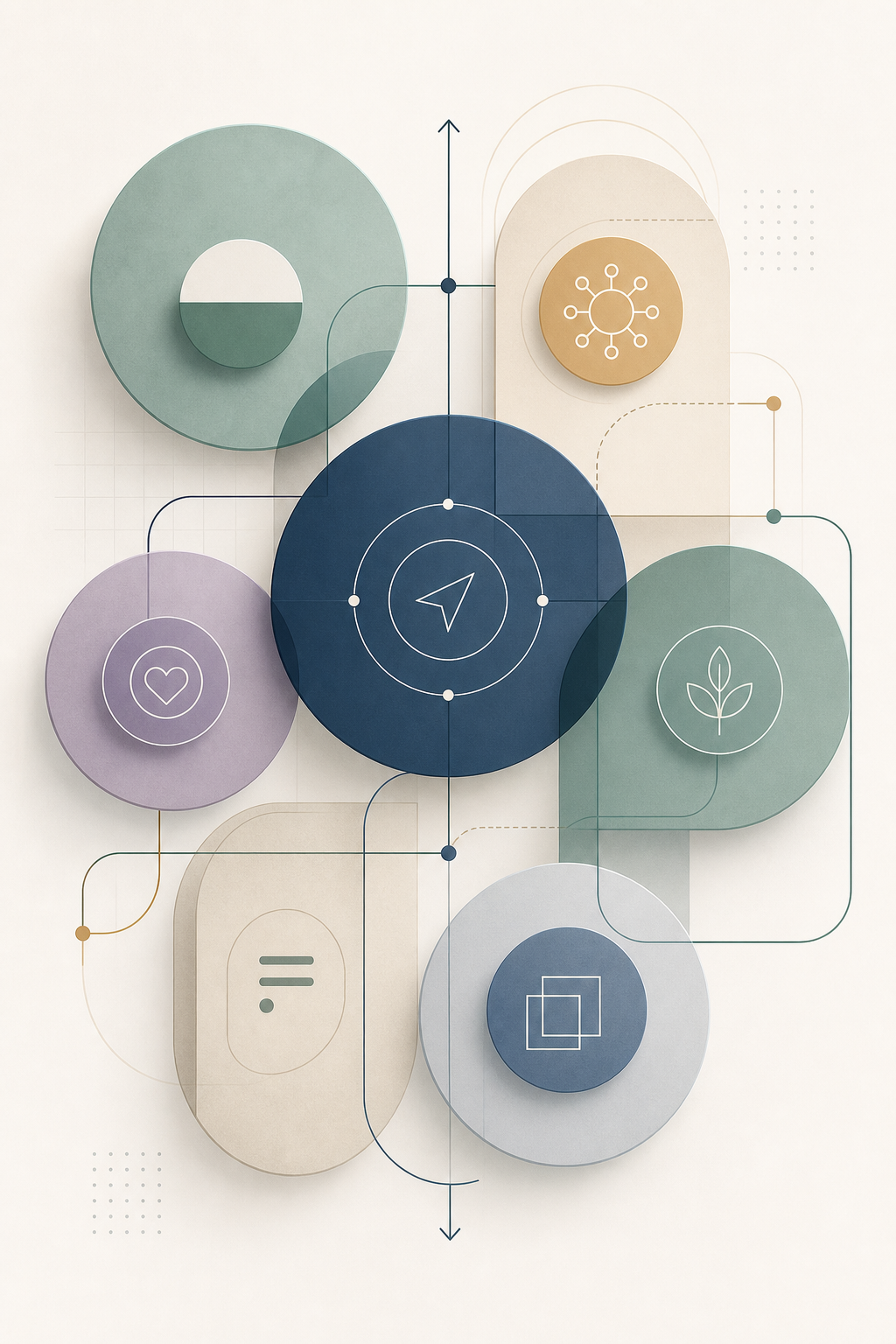 Abstract geometric illustration with layered circles, directional lines, and modular shapes suggesting connected guidance and structured support