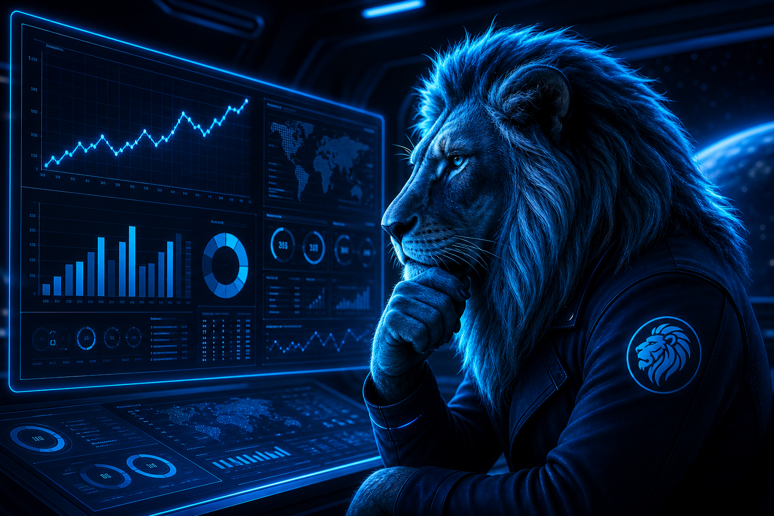 Thoughtful lion in electric blue and cyan hues studying a glowing chart and analytics display
