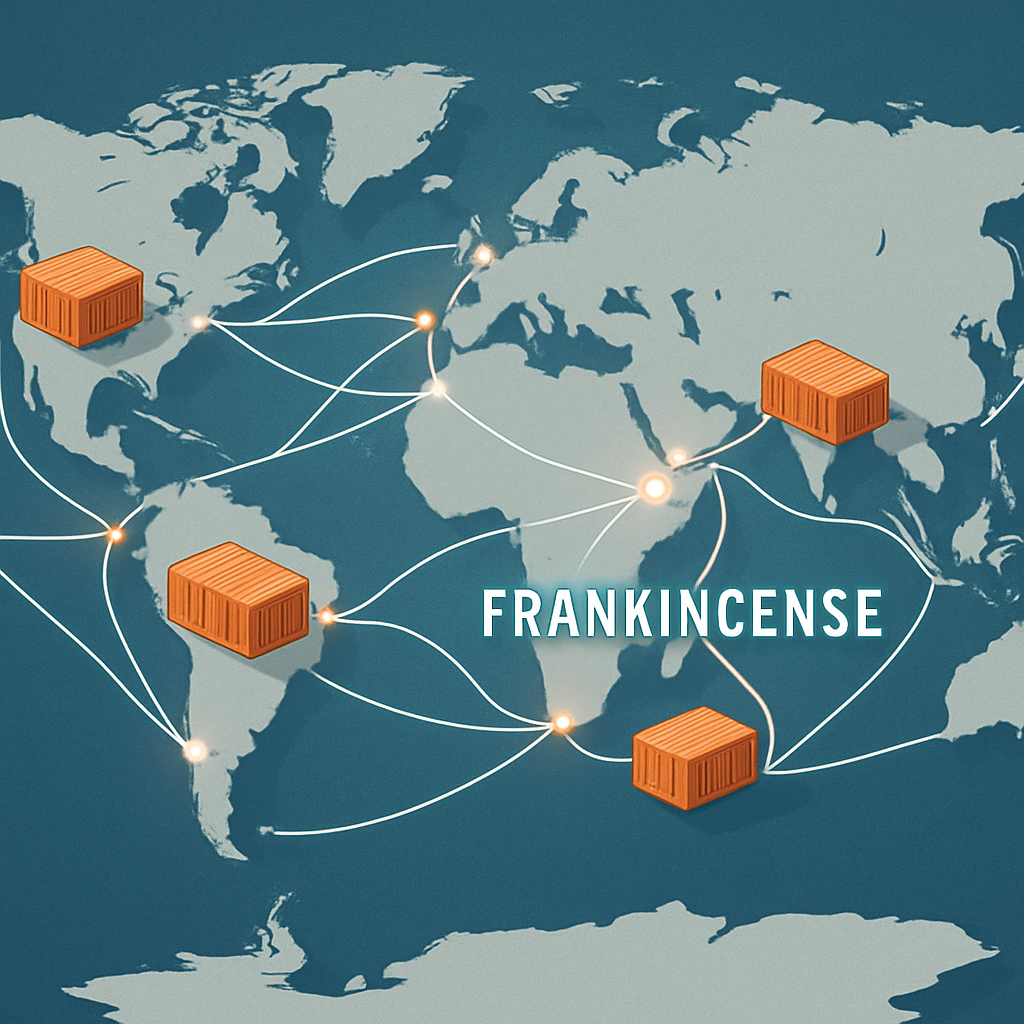 Map with global trade routes and shipping containers representing international export of frankincense