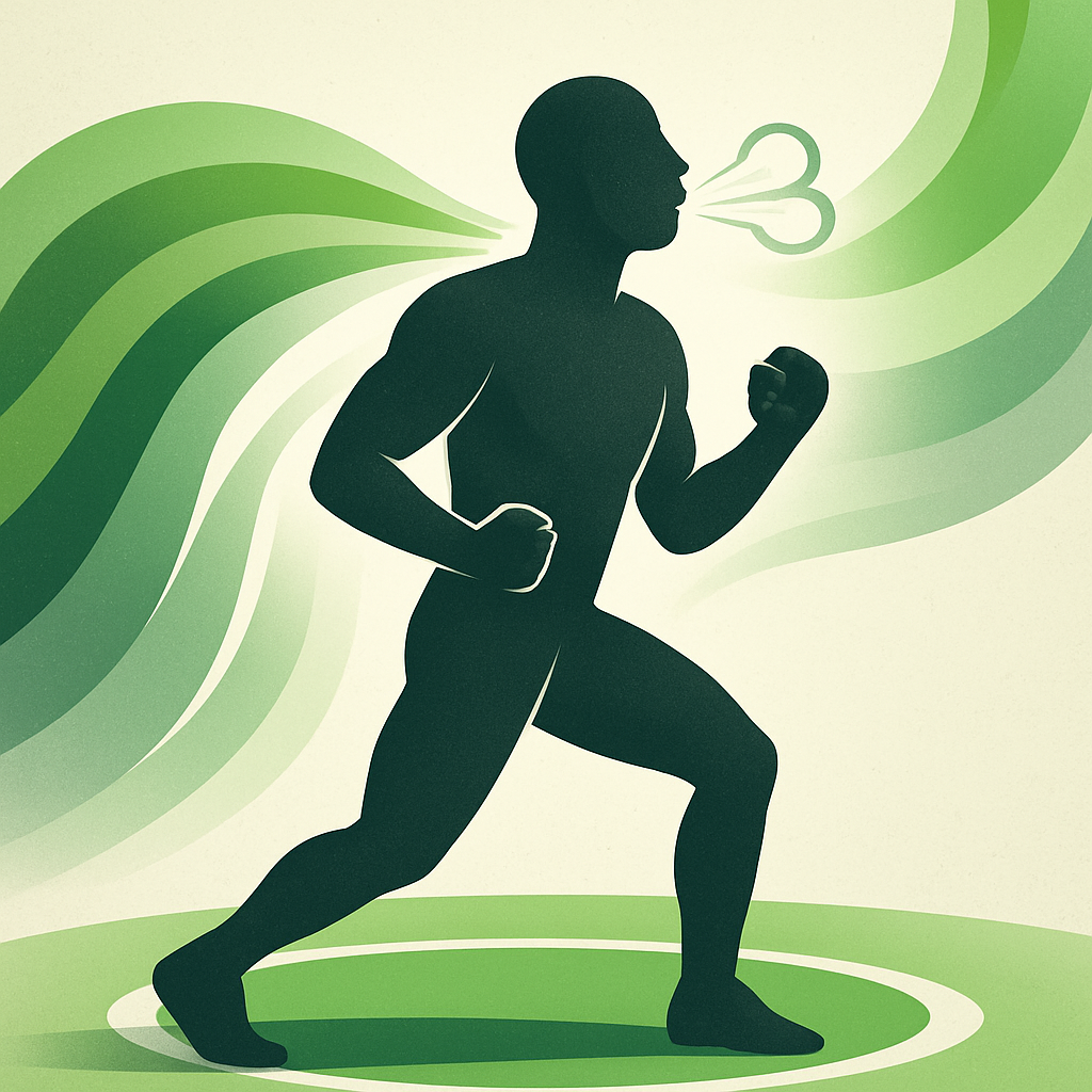 Energetic graphic: abstract human silhouette exhaling on a mat with flowing green and gray gradient waves, symbolizing breath and presence under pressure; clean, modern, dynamic illustration matching other article thumbnails