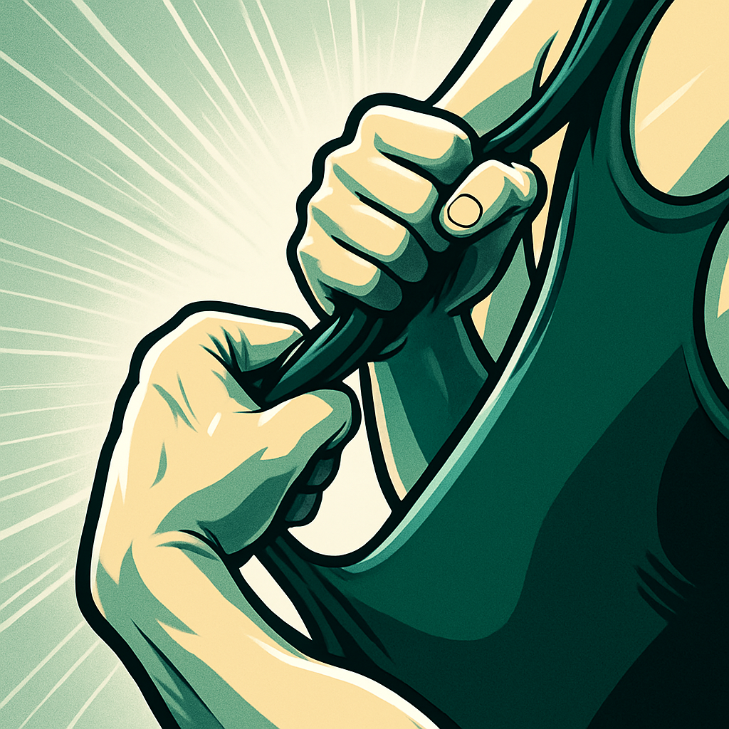 Modern energetic graphic: close-up of wrestling hands gripping a singlet strap, with green and gray gradient lines radiating outward to convey devotion and focus