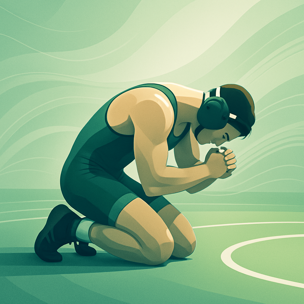 Modern energetic graphic: a lone wrestler kneeling on the edge of the mat with a subtle bow, surrounded by soft green and gray gradient arcs suggesting humility and learning