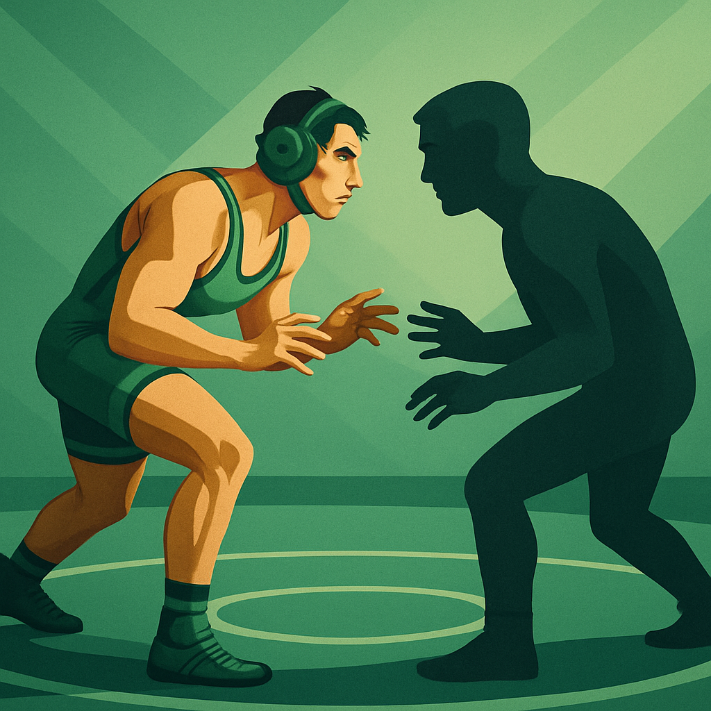 Modern energetic graphic: wrestler facing a mirrored shadow figure on a mat, with layered green and gray gradients and sharp, confident lines symbolizing inner work