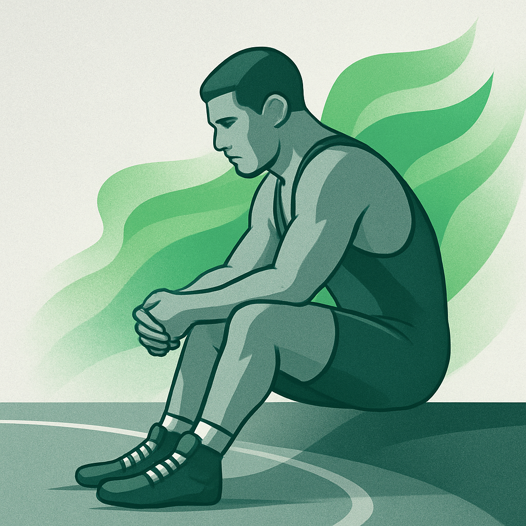 Modern energetic graphic: a wrestler seated at the edge of a mat with a reflective stance, outlined in clean gray lines and layered green gradients suggesting identity and growth