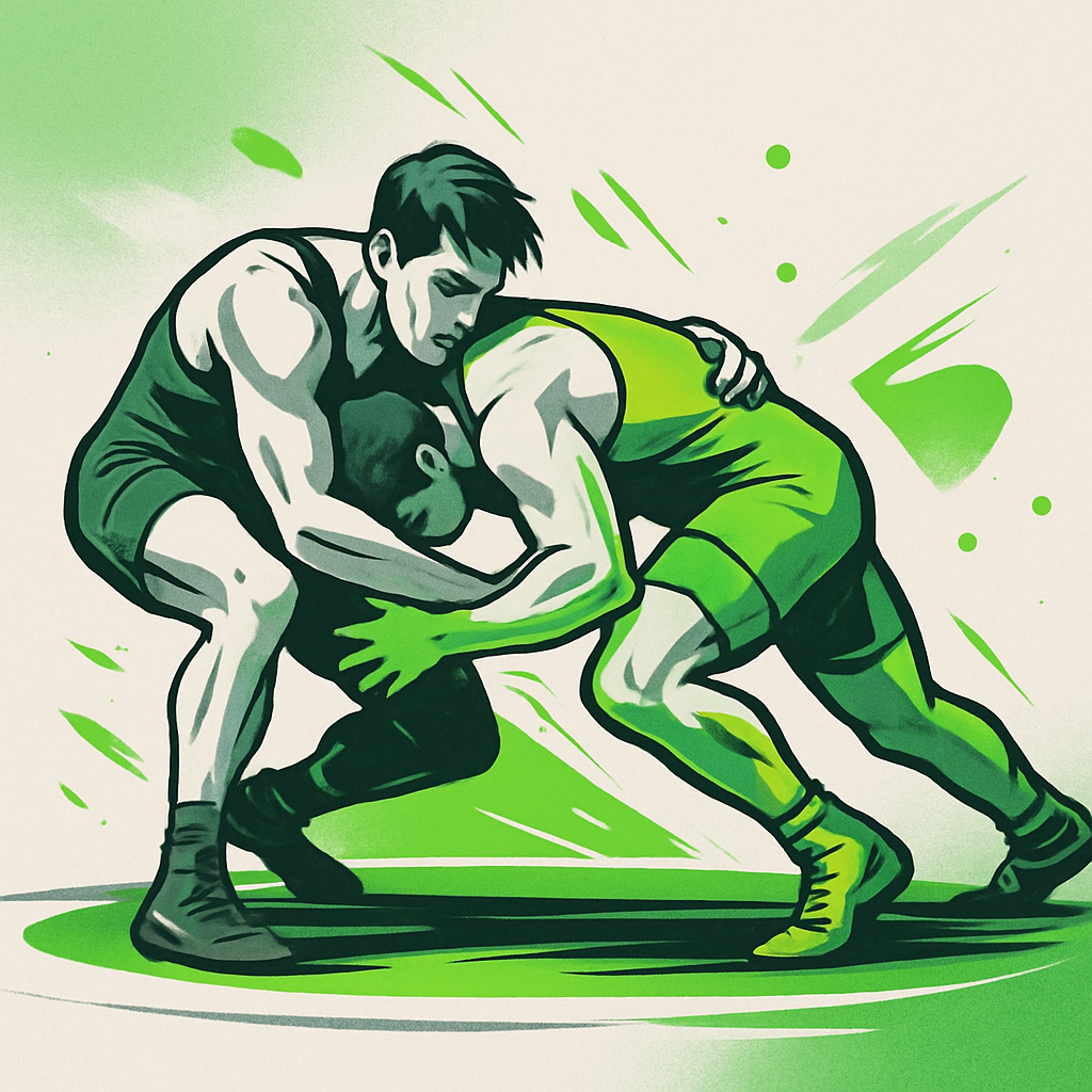 Modern energetic graphic: two wrestlers grappling on a mat, rendered in dynamic gray and green tones, clean lines and sport-inspired style